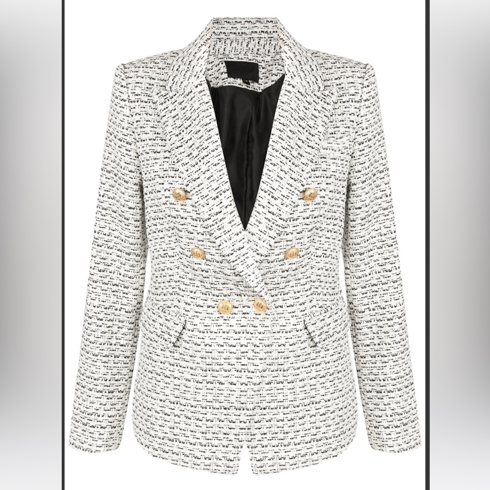 Double-Breasted Cream Tweed Blazer Jacket